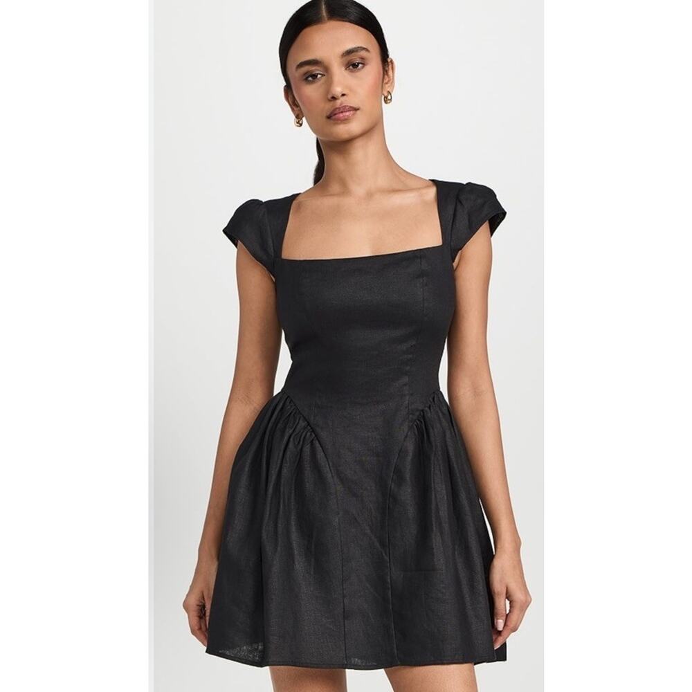 Reformation Oaklyn Cap Sleeve Linen Minidress Black 4 Babydoll Smocked Back NWT - Picture 5 of 16